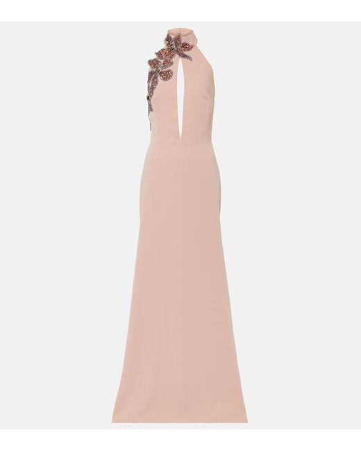 Costarellos Pink Beaded Floral-Applique Gown