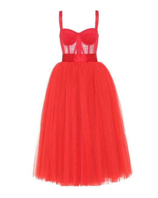 Dolce & Gabbana Red Bustier Tulle Midi Dress