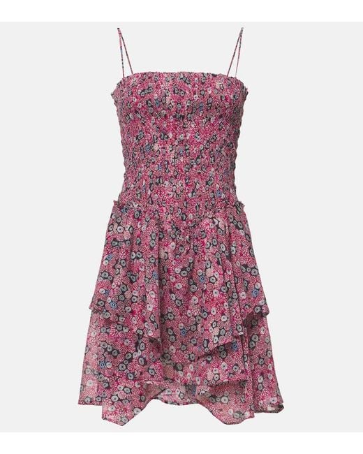 Isabel Marant Purple Anka Shirred Tiered Printed Cotton-Voile Mini Dress