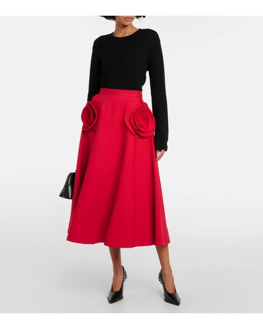 Valentino Red Floral-applique Wool And Silk Midi Skirt