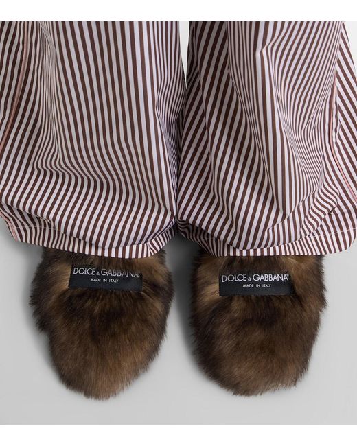 Dolce & Gabbana Brown Logo Suede-Trimmed Shearling Mules