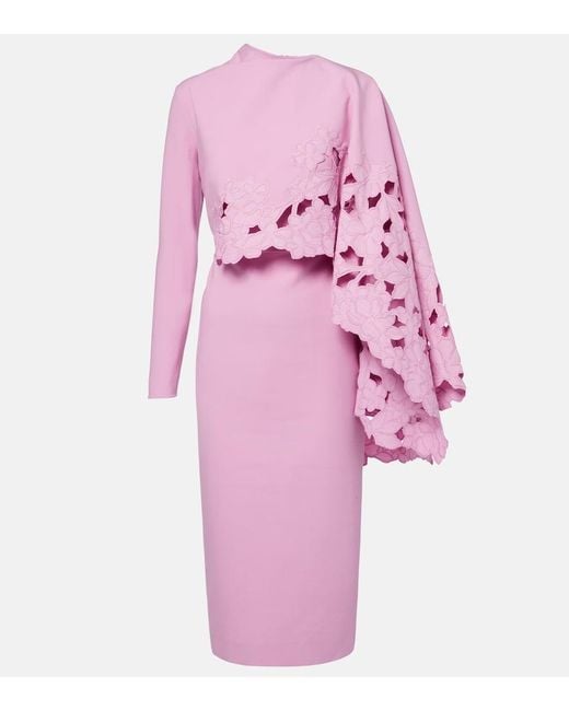 Oscar de la Renta Pink Cape-Detail Wool-Blend Midi Dress
