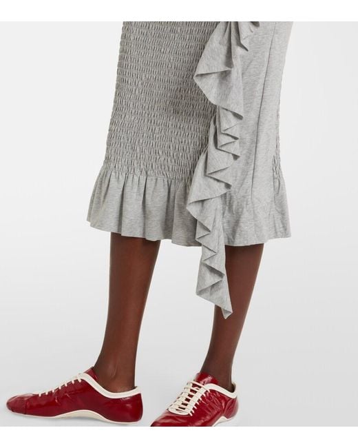 Dries Van Noten Gray Ruffled Smocked Cotton Midi Skirt