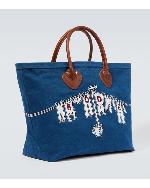 Bode Clothesline Leather-Trimmed Canvas Tote Bag in Blue for Men 