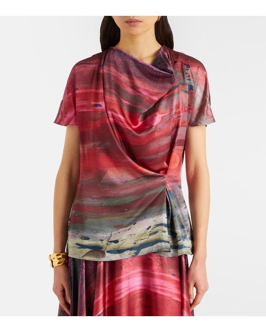 Roksanda Red Printed Draped Silk Satin Top