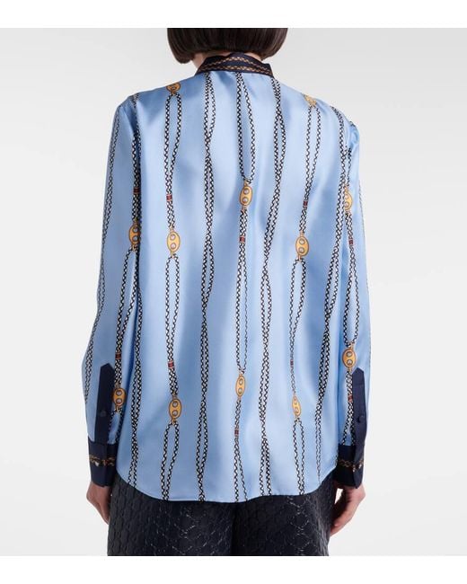 Gucci Blue Printed Tie-Neck Silk Twill Shirt
