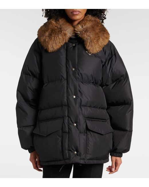 Prada Faux Fur-Trimmed Down Jacket in Black | Lyst