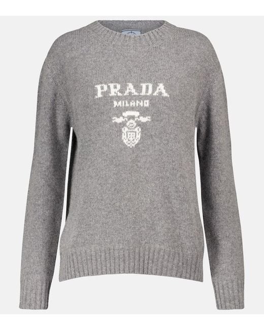 Prada Gray Intarsien-Pullover Aus Kaschmir