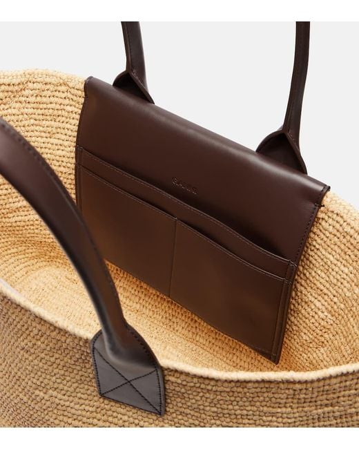 Ganni Brown Faux Leather-Trimmed Raffia Tote Bag