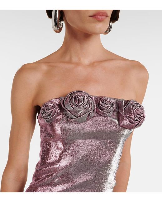 Area Purple Floral-Applique Lame Midi Dress