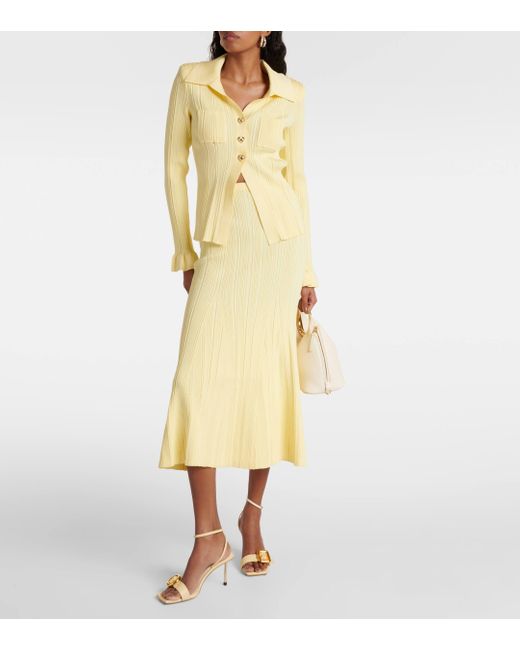 Self-Portrait Yellow Ribbed-knit Flared Midi Skirt