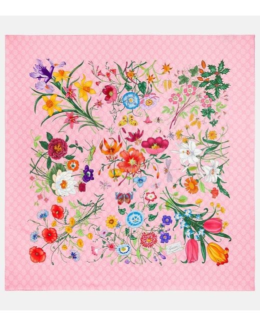 Gucci Pink Halstuch Aus Seidentwill Mit Flora-Print
