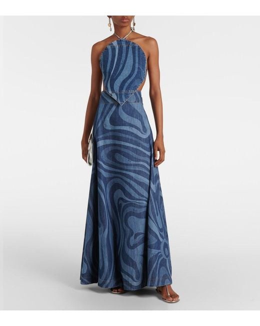 Emilio Pucci Blue Marmo High-Rise Denim Maxi Skirt