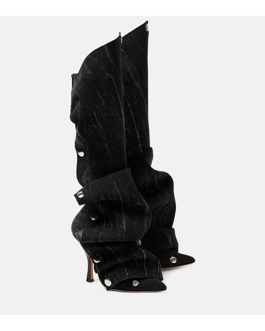 Y. Project Black Snap Denim Knee-High Boots