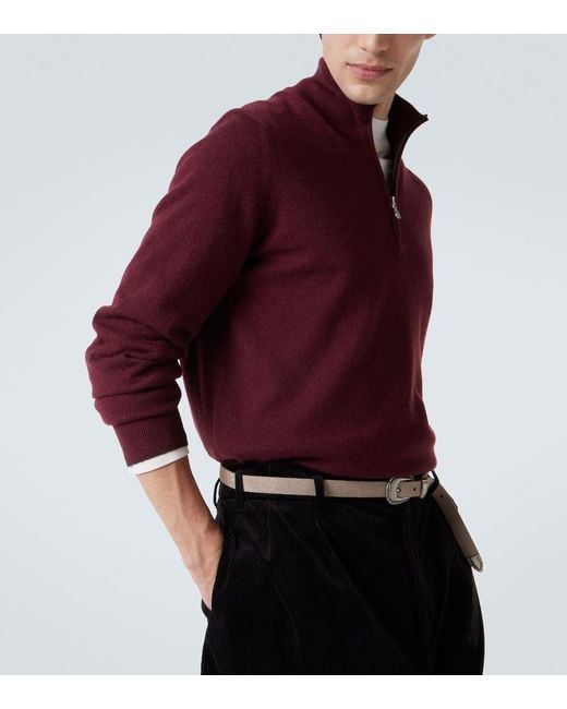 Brunello Cucinelli Red Cashmere Half-Zip Sweater for men