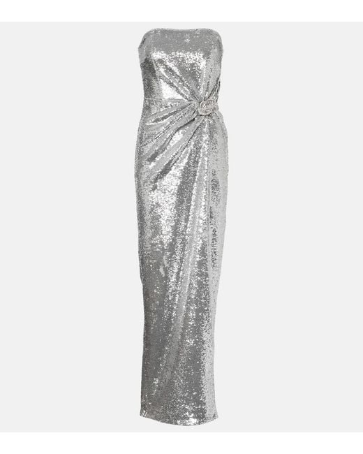 Roland Mouret Gray Buckle-Detail Sequined Strapless Gown