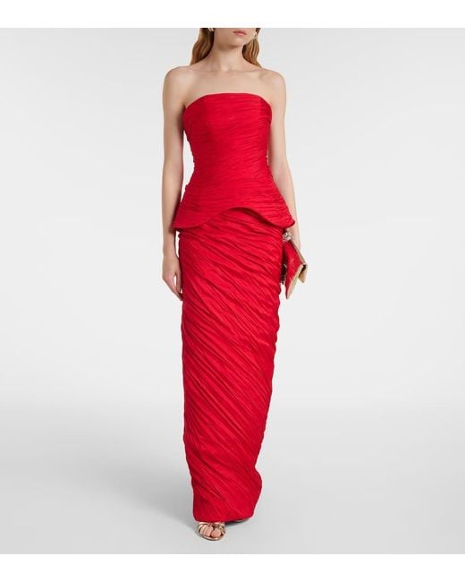 Marmar Halim Red Peplum Pleated Taffeta Gown