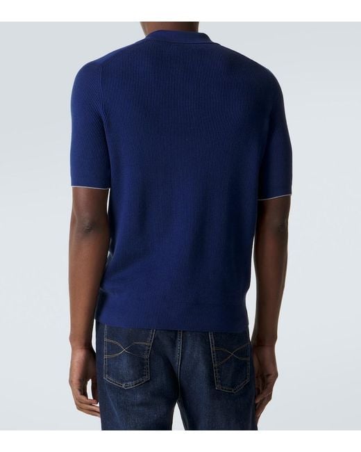 Brunello Cucinelli Blue Ribbed-Knit Cotton Polo Shirt for men