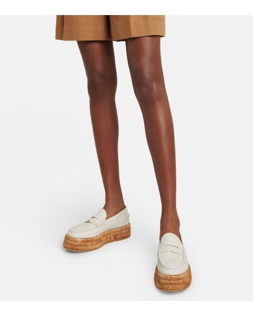 Tod's White Leather And Raffia Platform Loafers