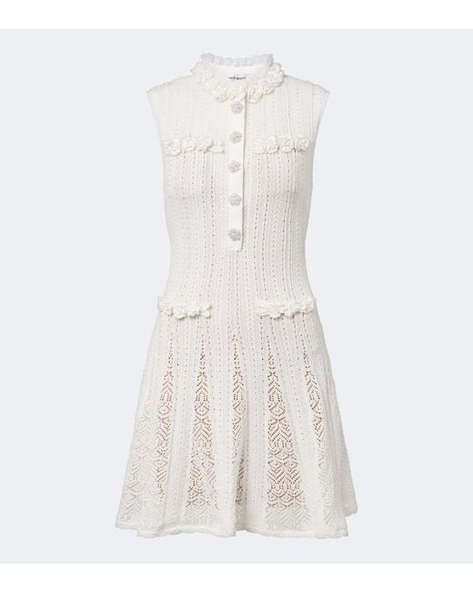 Self-Portrait White Embellished Knitted Cotton Minidress