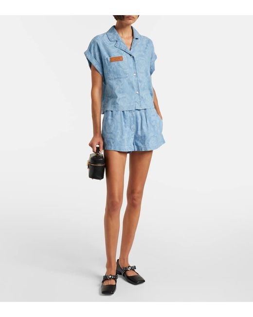 Versace Blue Barocco Cropped Denim Chambray Shirt