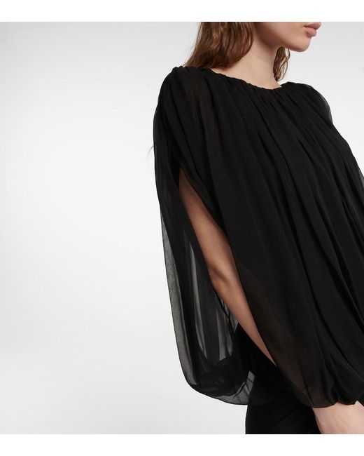Rick Owens Black Gathered Silk Chiffon Top