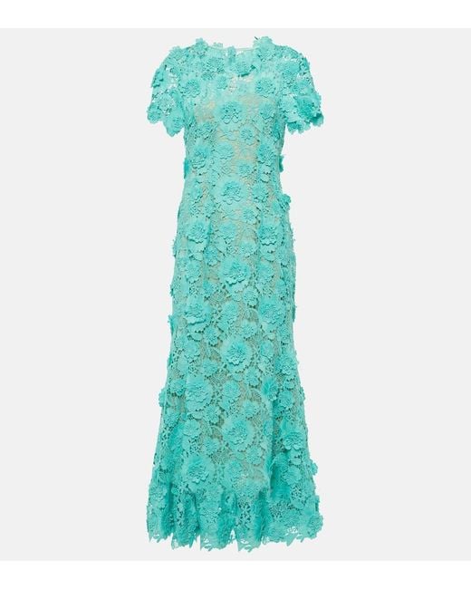 Oscar de la Renta Green Floral Guipure Lace Midi Dress
