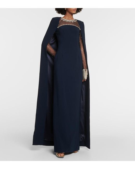 Jenny Packham Blue Loretta Cape-effect Crystal-embellished Crepe Gown