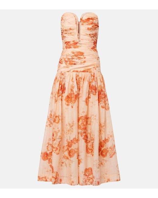 Zimmermann Orange Cascadian Floral Strapless Midi Dress