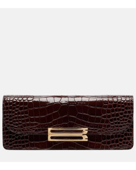 Victoria Beckham Brown Dorian East-West Croc-Effect Leather Clutch