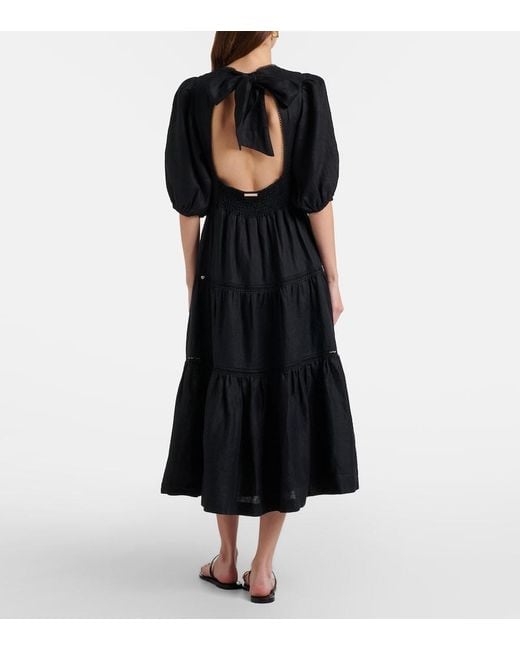 Heidi Klein Black Meteora Lace-Trimmed Linen Midi Dress