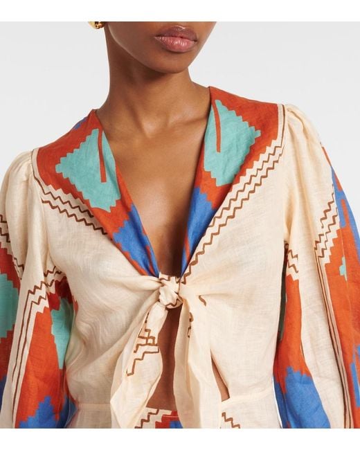 Johanna Ortiz Orange Printed Tie-Detail Linen Midi Dress