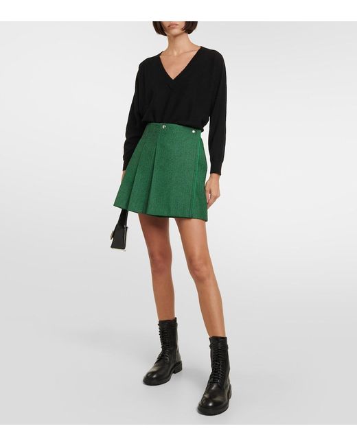Plan C Green Pleated Wool-Blend Miniskirt