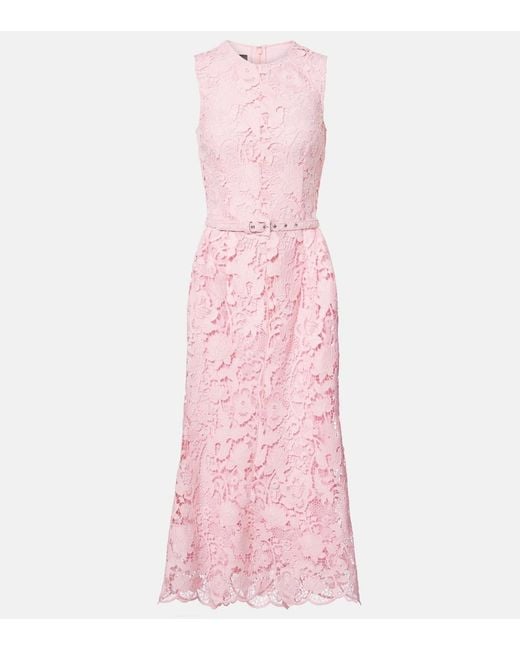 Monique Lhuillier Pink Floral Belted Lace Midi Dress