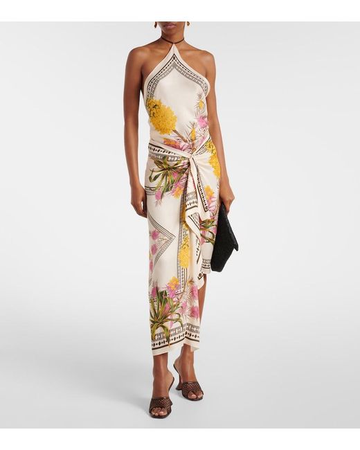 Blumarine Metallic Asymmetric Draped Printed Twill Midi Skirt