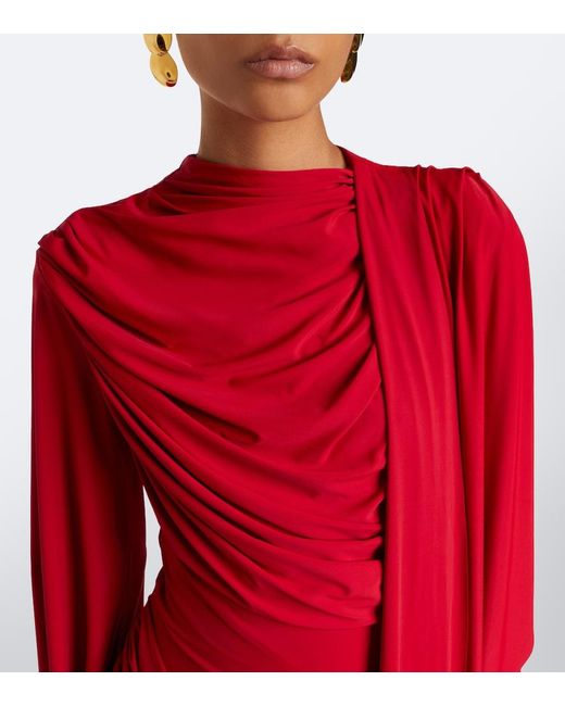 De La Vali Red Perisa Draped Jersey Maxi Dress