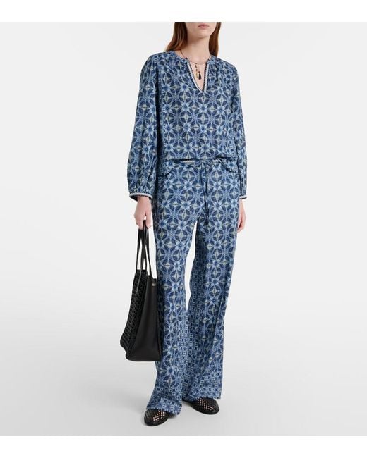 Velvet Blue Kendra Printed Cotton Wide-Leg Pants