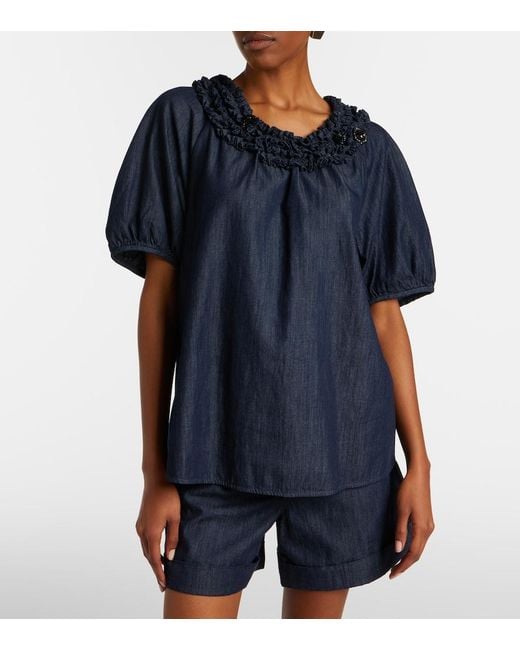 Max Mara Blue Embellished Ruffled Denim Blouse