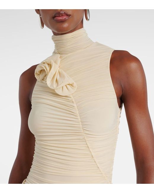 Magda Butrym Natural Floral-Applique Draped Ruched Gown