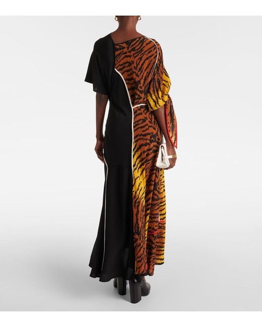 Victoria Beckham Black Asymmetric Animal-Print Silk Maxi Dress