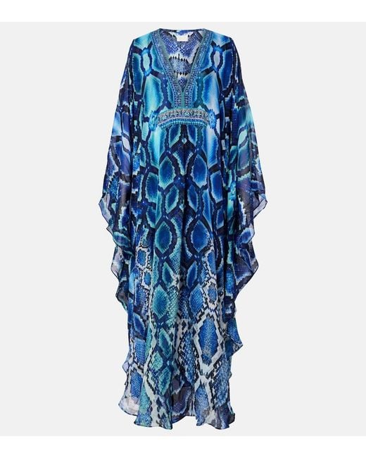Camilla Blue Embellished Printed Silk Kaftan