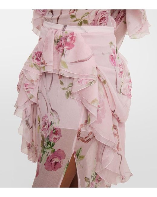 Jupe Longue En Crepe De Soie A Fleurs Blumarine en coloris Pink