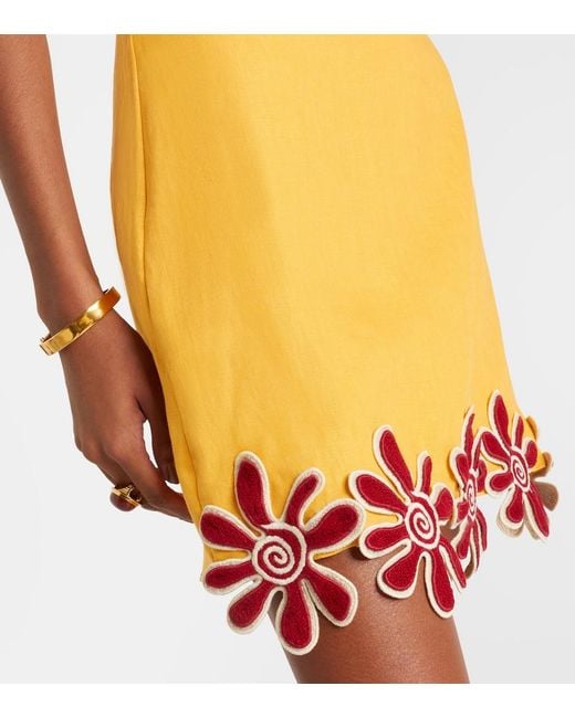 Cala De La Cruz Yellow Veneta Floral-Applique Linen Minidress
