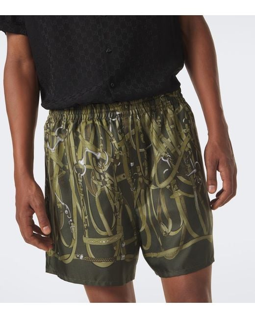 Gucci Green Printed Silk Twill Shorts for men