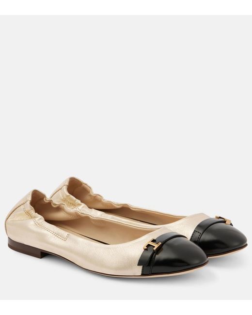 Tod's Natural Metallic Leather Ballet Flats