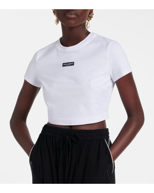 Dolce & Gabbana White Logo Cropped Cotton-Blend Jersey T-Shirt