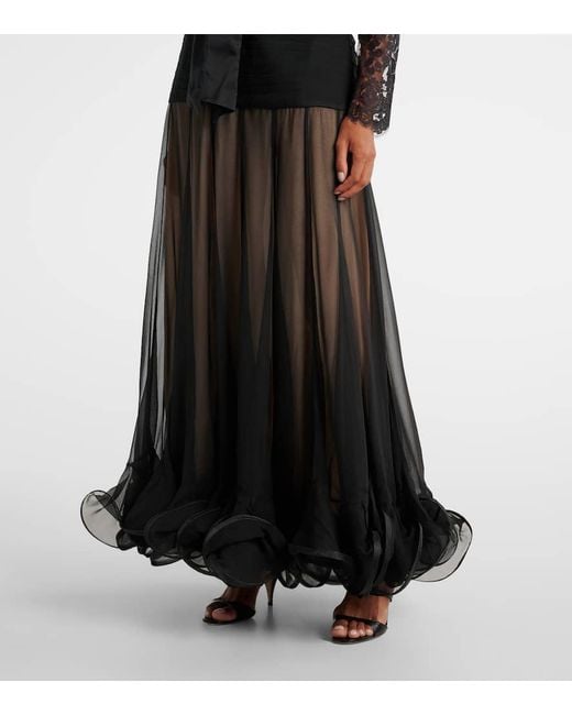 Zimmermann Black Illustration Flounce Lace-Trimmed Silk Gown