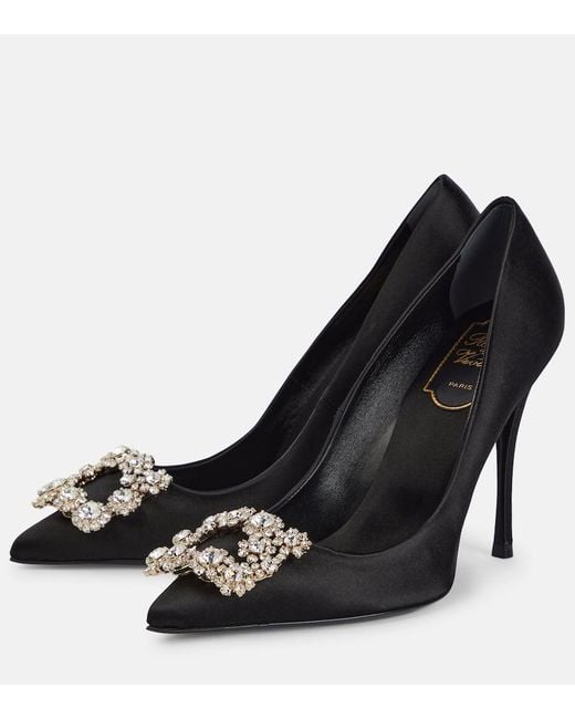 Roger Vivier Black Flower Strass Satin Pumps