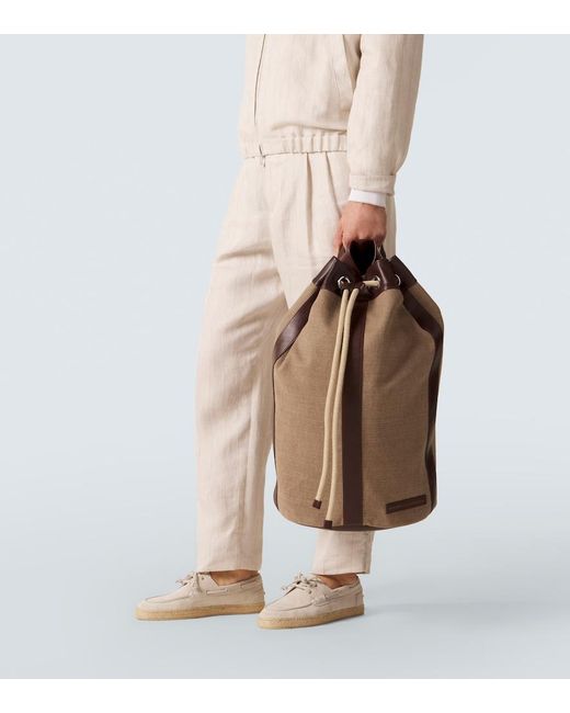 Brunello Cucinelli Brown Leather-Trimmed Canvas Backpack for men