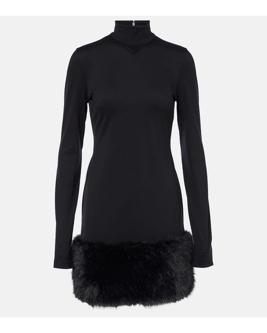 Prada Black Faux Fur-Trimmed Turtleneck Jersey Minidress